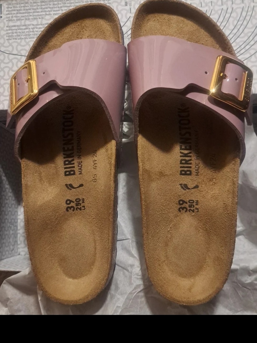Birkenstock Madrid Patent Slide Sandals — Dusty Rose with Gold Buckle